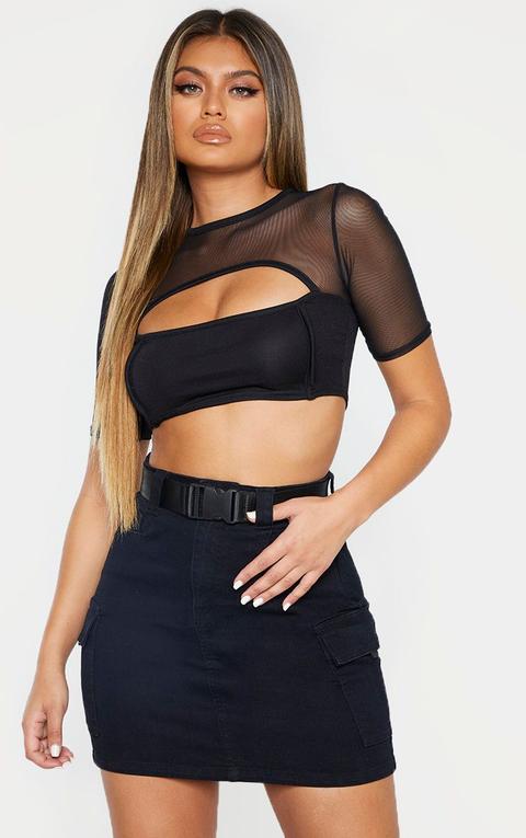 Black Mesh Bodice Cut Out Crop Top