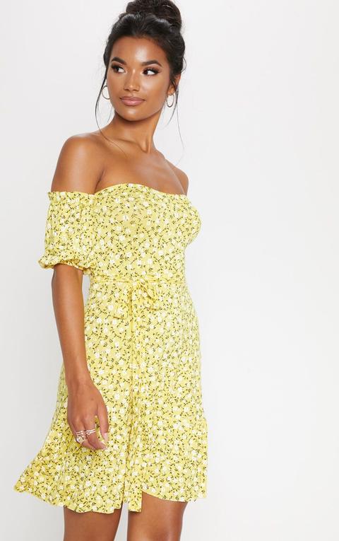 Yellow Ditsy Print Bardot Frill Hem Skater Dress, Yellow