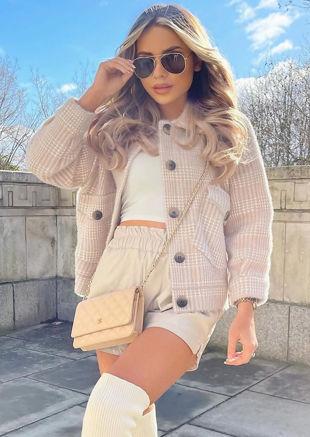 Oversized Fluffy Chunky Knitted Check Print Button Down Shacket Beige
