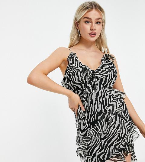 Asos Design Petite Tiered Ruffle Slip Mini Dress In Black Zebra Print-multi