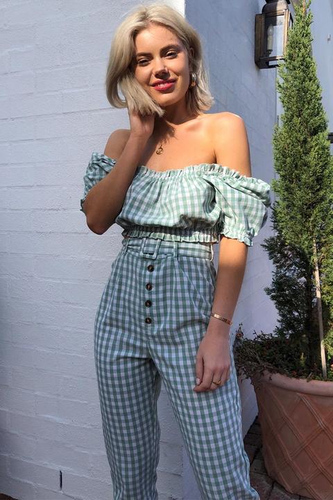 Green Trousers - Laura Jade Green Gingham High Waisted Co-ord Belted Trousers