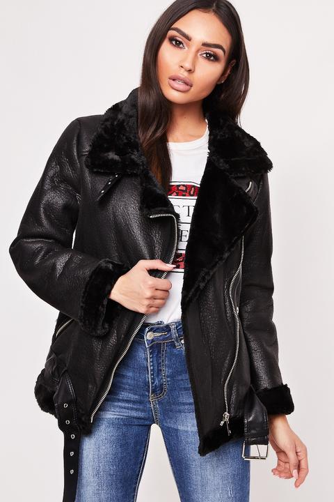 Cassie Black Oversized Aviator Faux Shearling Coat