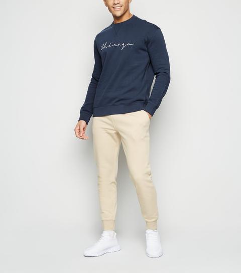 Men's Navy Chicago Embroidered Slogan Sweatshirt New Look