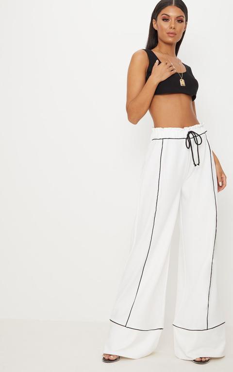 White Contrast Binding Ruched Waist Wide Leg Trouser