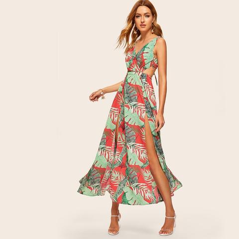 Tropical Print Crossover Split Maxi Dress