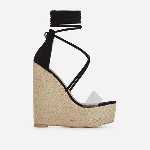 Aliki Perspex Platform Lace Up Espadrille Wedge Block Heel In Black Faux Suede, Black