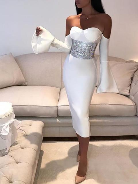 Elegant Off Shoulder Flare Sleeve Bodycon Dress