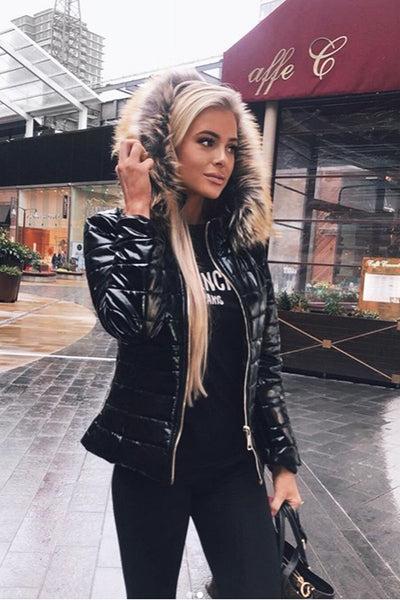 Black Wet Look Puffer Coat - Soph