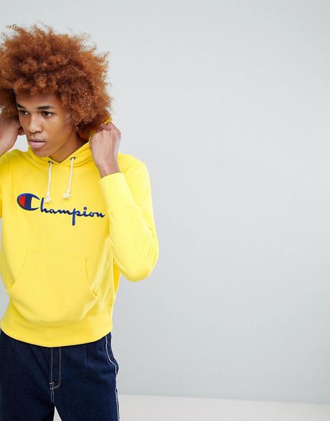 Champion - Felpa Gialla Effetto Rovescio Con Cappuccio E Logo Grande - Giallo