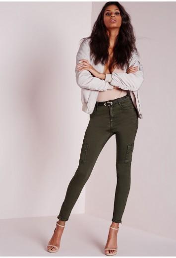 Sinner High Waisted Cargo Pocket Skinny Jeans Khaki