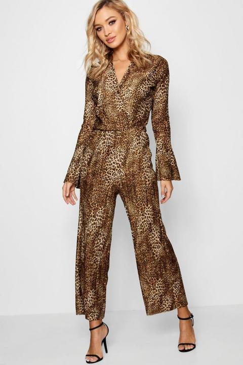 Leopard Plisse Flare Sleeve Culotte Jumpsuit