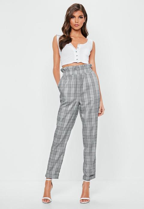 Grey Prince Of Wales Paper Bag Waist Trousers, Grey