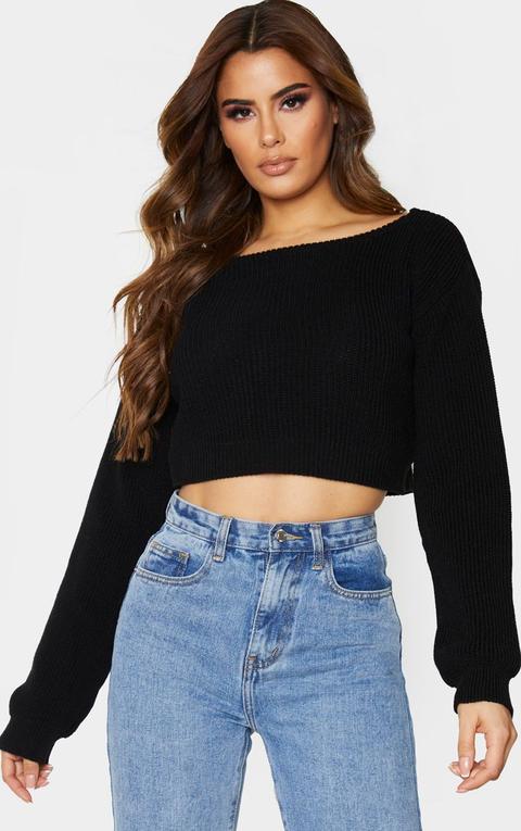 Tall Black Off Shoulder Cropped Jumper