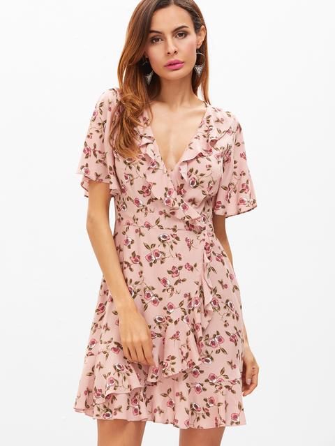 Vestido Cruzado Con Estampado Floral Y Volantes - Rosa