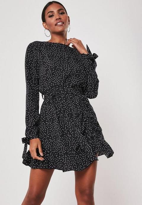 black polka dot ruched side tea dress