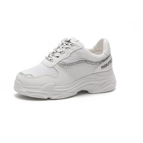 Lace Up Breathable Platform Sneakers - White - 36