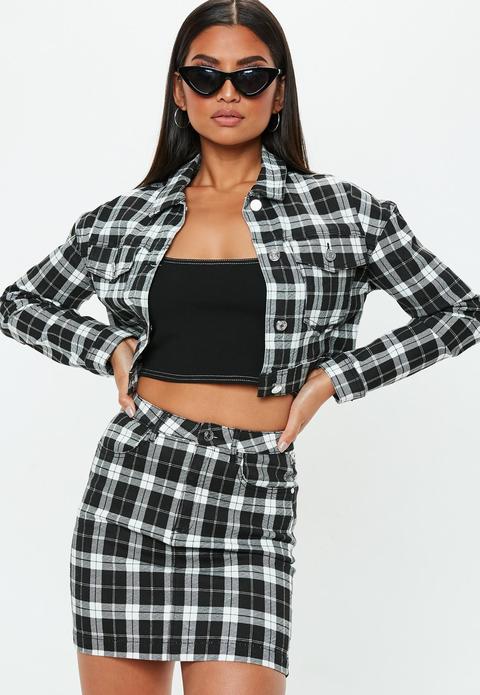 Black Checked Superstretch Denim Skirt, Black