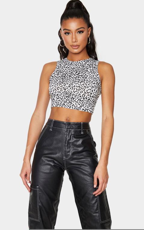 White Jersey Leopard Print Racer Crop Top