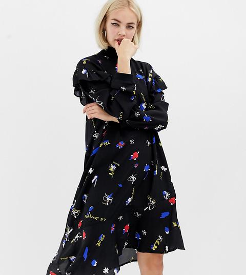 Collusion Midi Dress With High Neck Floral And Asymmetric Hem - Black
