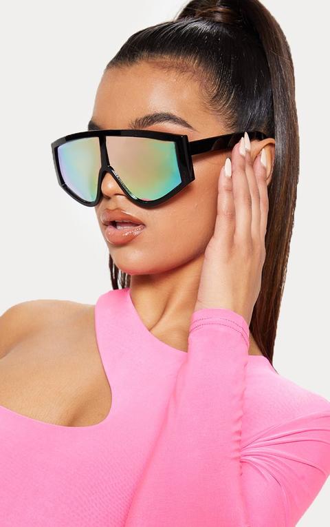 Black Frame Rose Lens Flat Top Modern Sunglasses, Multi