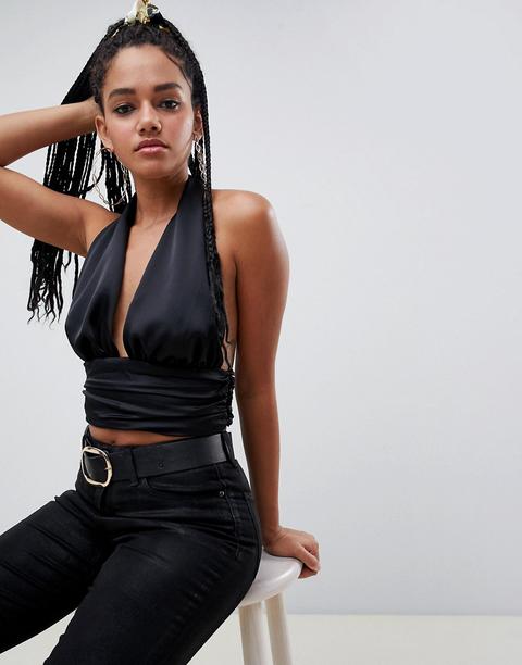 Asos Design Halter Crop Top In Satin