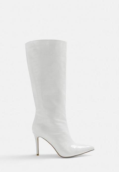 White Croc Effect Knee High Boots, White