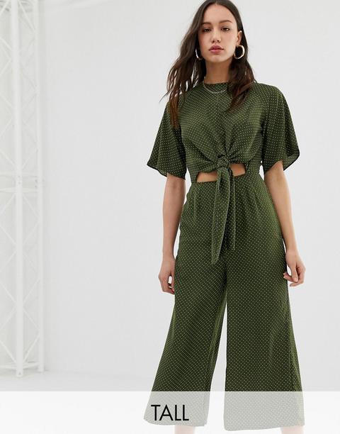 Glamorous Tall - Tuta Jumpsuit Comoda Con Allacciatura Davanti A Pois - Verde