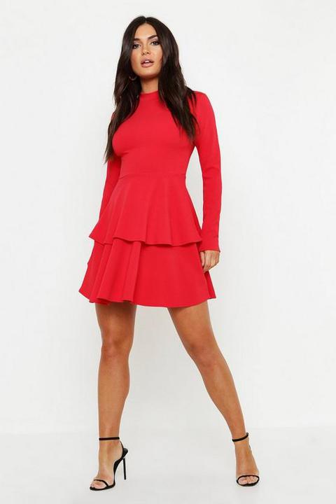 Womens Crepe Long Sleeve Tiered Skater 