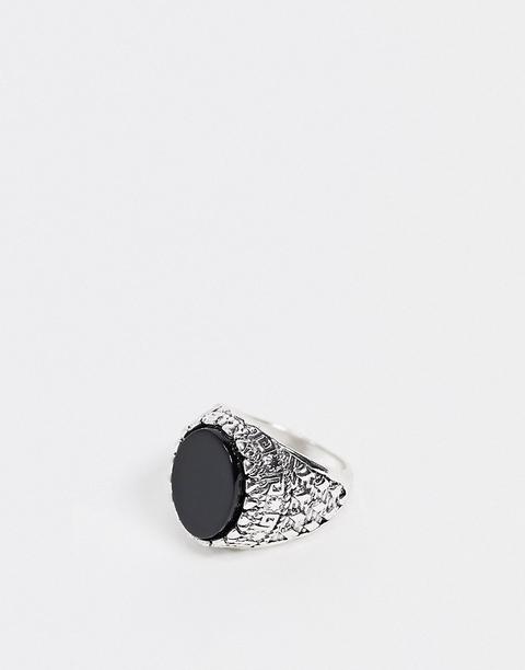 Anillo De Sello Plateado Con Piedra Negra De Topshop