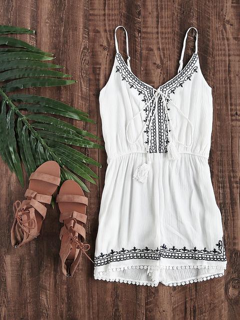 Embroidered Trim Self Tie Pleated Cami Romper