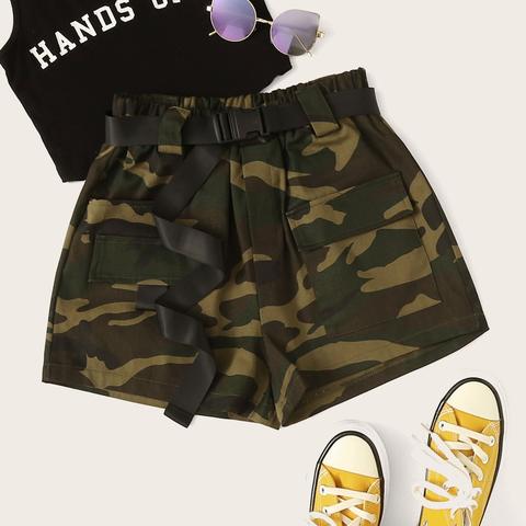 Camo Print Dual Pocket Belted Utility Shorts