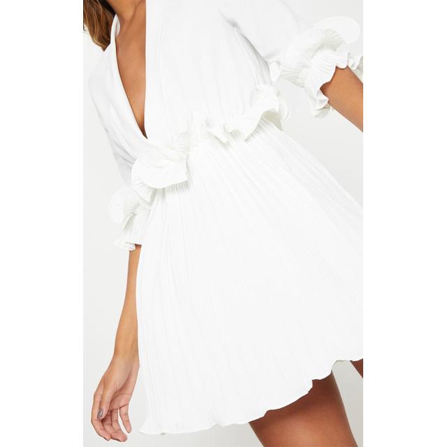 white frill detail pleated skater dress