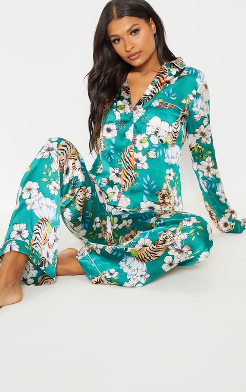 Emerald Tiger Blossom Wide Leg Satin Pj Set