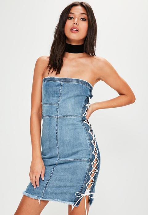 Blue Denim Lace Up Side Sleeveless Denim Dress, Blue