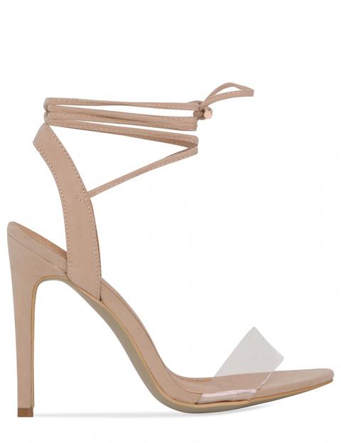 Strip That Down Clear Lace Up Stiletto Heels In Nude Faux Suede