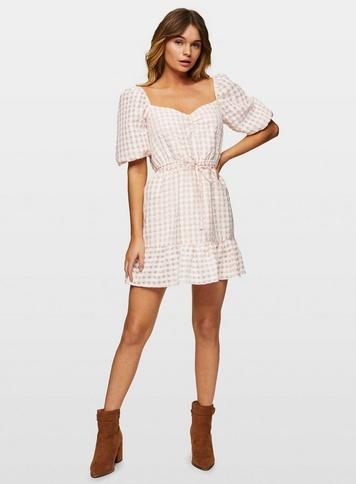 Womens Pink Gingham Print Mini Skater Dress, Pale Pink