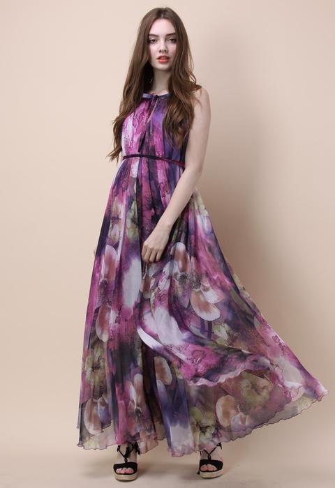 Mysterious Purple Floral Maxi Slip Dress