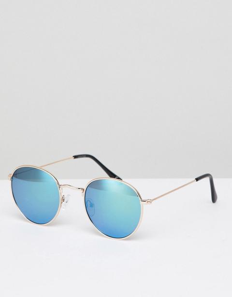 Asos Design Round Sunglasses In Rose Gold Metal With Blue Mirrored Lens - Rose Gold