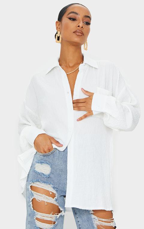 White Textured Pocket Front Oversized Shirt