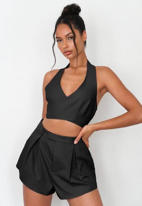 Petite Black Co Ord Halter Neck Wrap Crop Top, Black