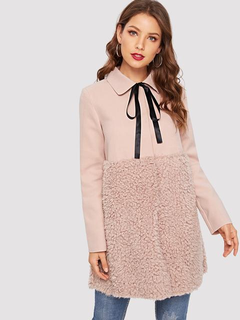 Cappotto Teddy Con Collo Annodato A Contrasto