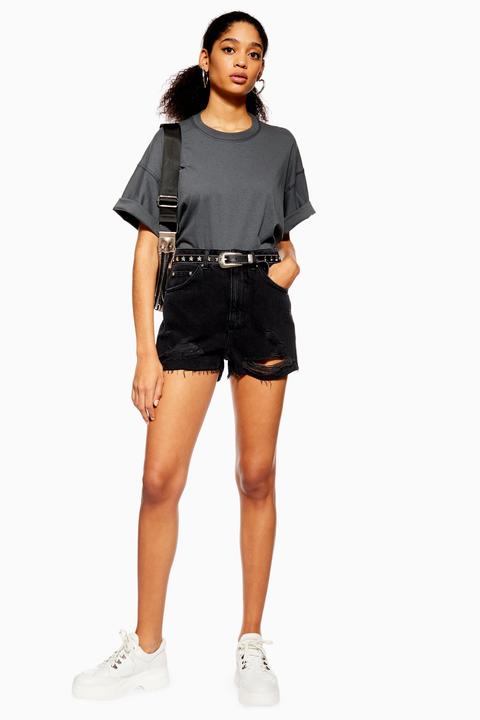 Womens Denim Mom Shorts With Rips - Washed Black, Washed Black