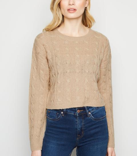 Camel Cable Knit Crop Jumper New Look