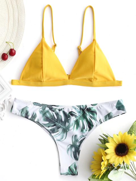 Top Imbottito Con Bottoms Stampa Foglia Di Palma Mustard
