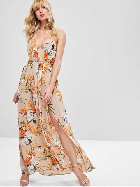 Maxi Vestido Floral Con Abertura Lateral Alta White Red Khaki Rose