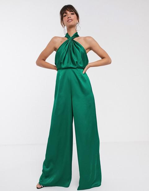 Mono Largo De Cuello Halter Con Frunces De Asos Edition-verde