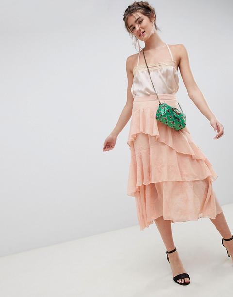 Asos Design Embroidered Lace Asymmetric Ruffle High Low Midi Skirt - Pink