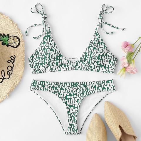 Set De Bikini Con Lazo Con Estampado De Lunares