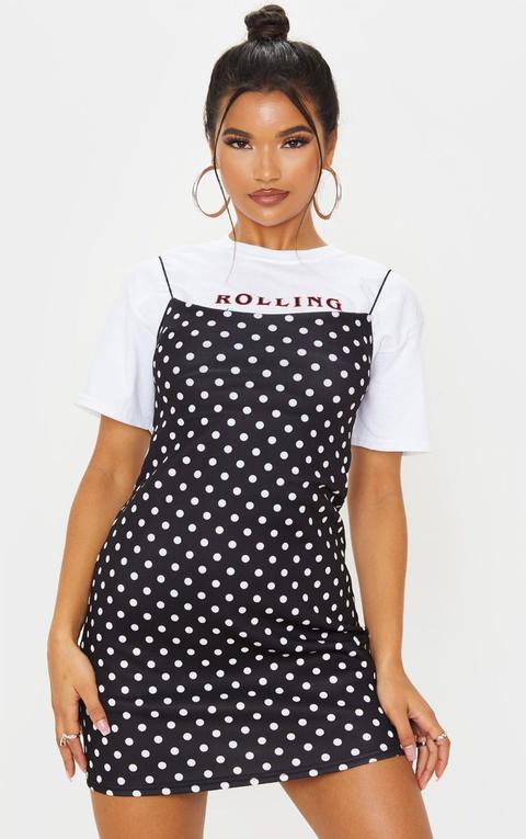 Black Polka Dot Print Strappy Scuba Shift Dress