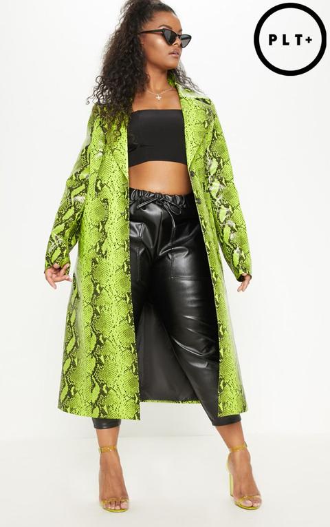 Plus Neon Green Snake Print Pu Trench